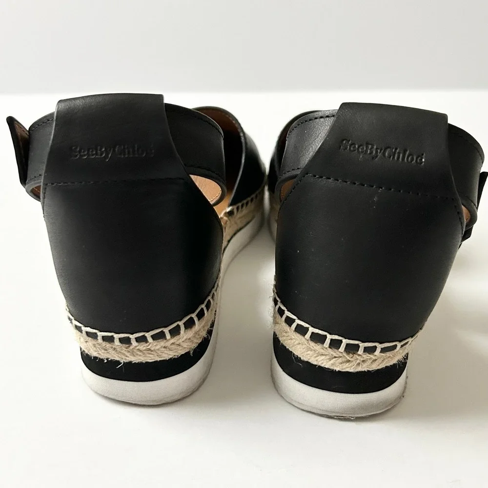 See By Chloe Glyn Black Leather Ankle Strap Espadrille Sandals EU 37 US 7